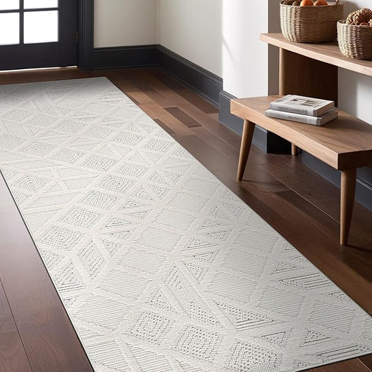 Luul Home Modern Micro Loop Indoor Runner Rugs for Living Room Bedroom Kitchen Geometric Square White 2x7 Luxury Durable Low and High Pile Non-Shedding Stain Resistant Soft Area Carpet 2 x 7