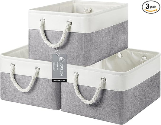 Large Storage Baskets- 15.7x11.8x8.26 inch Storage Bins for Shelves and Closet Organizing, Foldable Fabric Bin for Home Organization Clothes and Laundry (3-Pack, White&Grey)