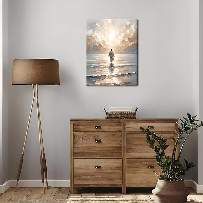 Jesus Walking on Water Canvas Wall Art, Christian Bible Stories Wall Decor Paintings, Jesus Walks on Water on Water Back Posters Prints Pictures for Church Living Room Bedroom 12x16 Inch Framed