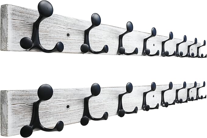SKOLOO 43-Inch Wood Coat Rack Wall Mount with 8 Triple Hooks - Ideal for Family Entrances, Classrooms, and Pet Supplies Storage - Perfect Coat Hooks for Wall,Distressed White Wash, Pack of 2