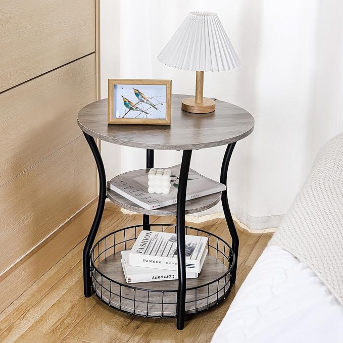 Small Side Table Round End Table with Storage Shelf Basket, 3-Tier Accent Corner Sofa Couch Side Tables Coffee Drink Table for Small Spaces,Round Nightstand for Living Room, Bedroom, Greige
