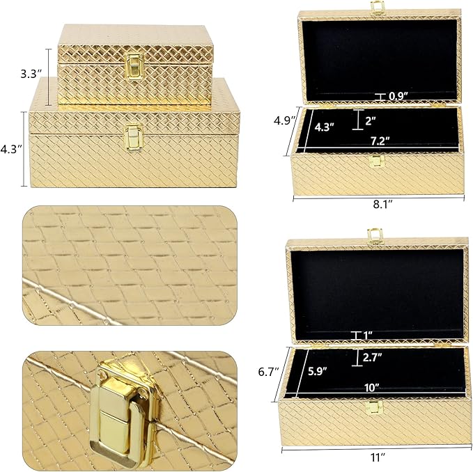 Faux Leather Decorative Jewelry Storage Organizer Boxes Set of 2, Gold