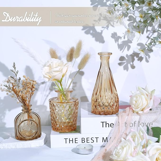 Glass Bud Vase Set of 5, Small Amber Flower Vases for Centerpieces in Bulk, Mini Vintage Vase for Wedding Decor, Single Flowers, and Home Table Décor