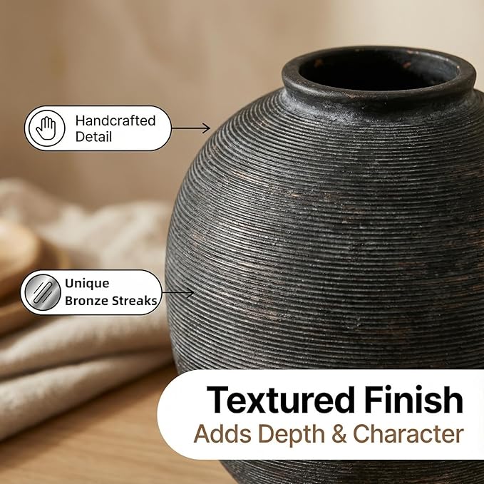 Black Round Ceramic Vase, 9.8 inch Large Textured Flower Vase,Minimalist Rustic Farmhouse Decor for Home, Living Room, Shelf, Table, Bathroom & Entryway Decoration (Black Bronze)