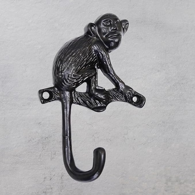 Set of 3 Cast Iron Monkey Shape Coat Hooks Wall Art Decor-Monkey Shape Hangers and Key Holder-Clothes Rack and Backpack Hanger-Coat Hooks Home Decor for Storage, Living Room, Hallway, Office