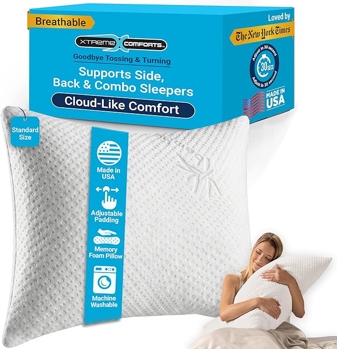 Xtreme Comforts Standard Bed Pillow for Sleeping | Adjustable Shredded Memory Foam Pillows with Removable Cooling Cover | Fluffy Pillows Support for Side, Back & Stomach Sleepers