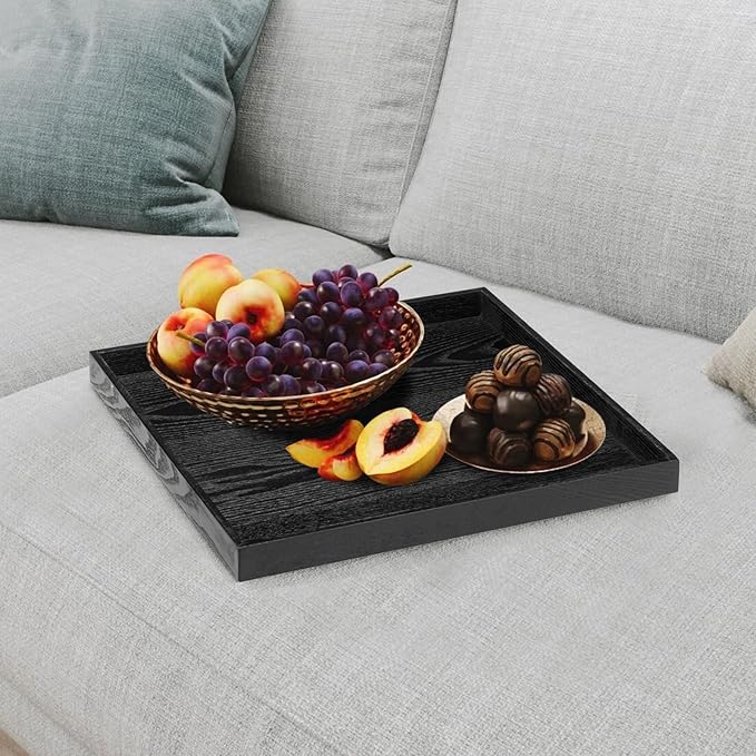 13 x 13 Inches Large Square Black Solid Wood Ottoman Tray, Serve Tea, Coffee or Breakfast in Bed, Classic Wooden Decorative Serving Tray with Raised Edges, Kitchen Party Bar Server Table Tray