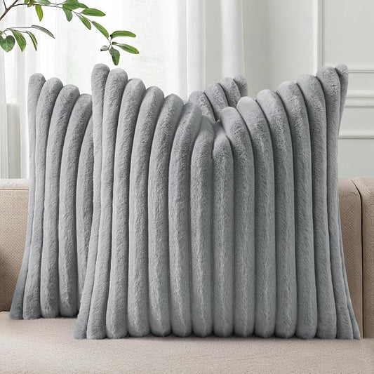 Pallene Faux Fur Plush Throw Pillow Covers 20x20 Set of 2, Luxury Soft Fluffy Striped Decorative Pillow Covers for Sofa, Couch, Living Room, Grey