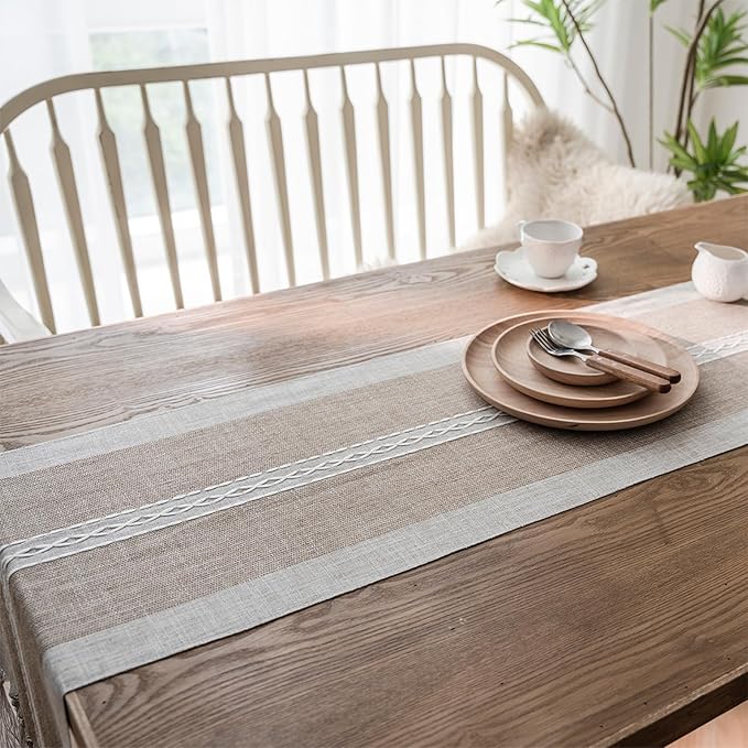 Niviy Farmhouse Table Runner Valentine's Day, House Warming Gifts New Home, Embroidered Striped Braided Coffee Boho Table Runner, Farmhouse Table Decoration for Holiday Party 12 x 72 Inches