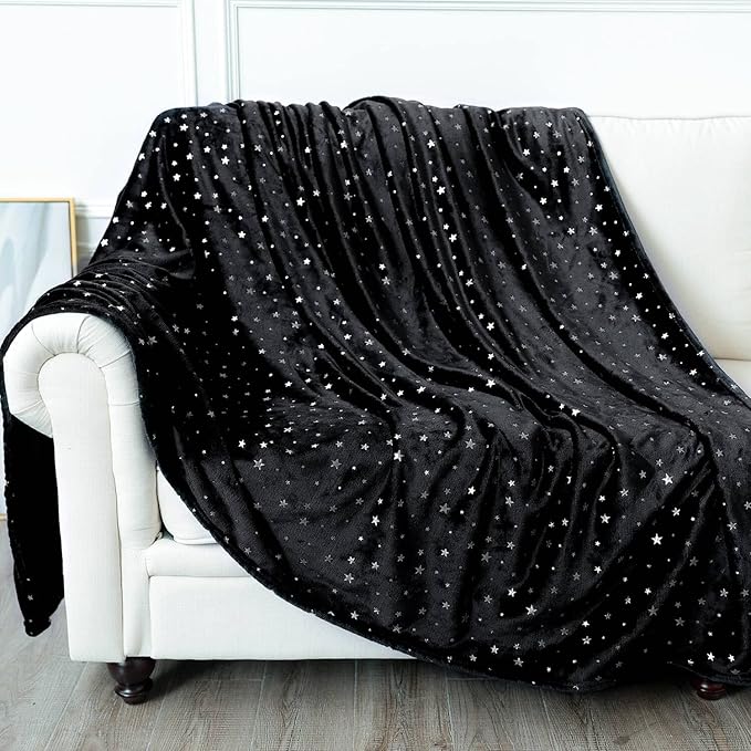 NANPIPER Fleece Blankets,Soft Fuzzy Star Foil Print Blanket,Luxury Cozy Microfiber Twin Size,65"x 80" Black