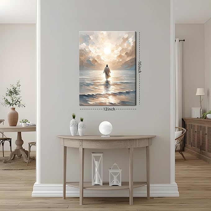 Jesus Walking on Water Canvas Wall Art, Christian Bible Stories Wall Decor Paintings, Jesus Walks on Water on Water Back Posters Prints Pictures for Church Living Room Bedroom 12x16 Inch Framed