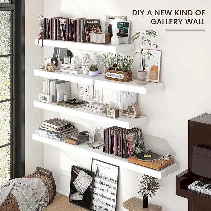 Floating Shelves for Wall, Engineered Wood Wall Shelves with Invisible Brackets for Living Room Bedroom Bathroom Office Kitchen Decor and Storage (White, 36" W x 9" D x 1.5" H) Set of 2
