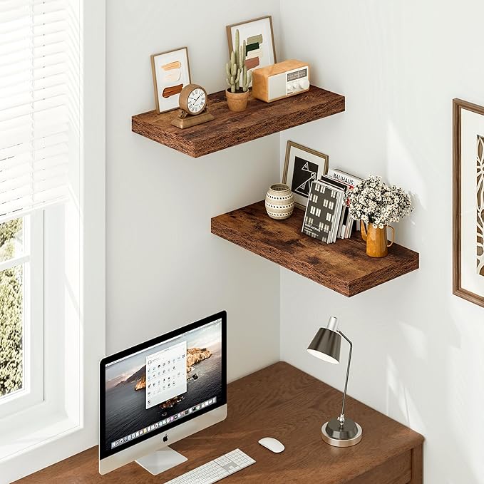 Vivelove 12" Deep Floating Shelves for Wall, 23.6" Long Wall Shelves for Living Room Bedroom Bathroom Kitchen Office, Farmhouse Rustic Shelves Home Decor, 23.6" X 12" X 1.5" Set of 2, Rustic Brown
