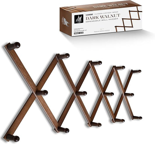 Expandable Wooden Coat Rack Hanger – Accordion Wall Mounted Pine Wood Hooks – Hand Made Vintage Expending Pegs – Hang Coat, Jacket, Hat, Leash, Towel, Mug, Bag – 14 Hook Dark Walnut