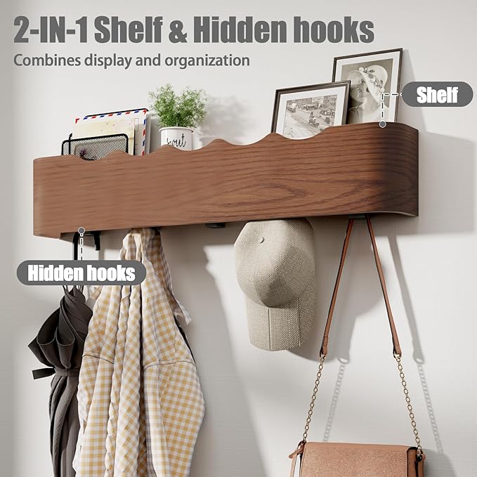 Coat Rack Wall Mount with Shelf 8 Hidden Hooks Modern Wooden Key Holder Entryway Organizer for Hallway Bedroom Bathroom Home Decor Storage for Hanging Coats Hats Bags Towels, Wave-Shape Black