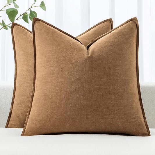 MIULEE Decorative Linen Euro Sham Pillow Covers 22x22 Inch Brown Boho Farmhouse Neutral Couch Throw Pillows for Bed Pack of 2 Accent Modern Pillowcase Sofa Livingroom Home Decor