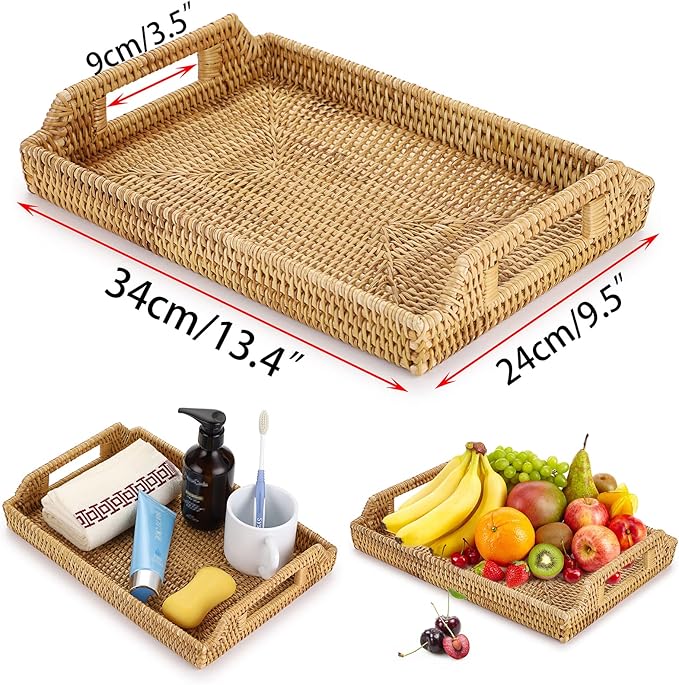 Hipiwe Rattan Serving Tray with Handles - Hand-Woven Decorative Tray for Storage Breakfast, Drinks, Snack,Rectangular Basket Organizer Tray for Coffee Table, Home Decor (Medium)