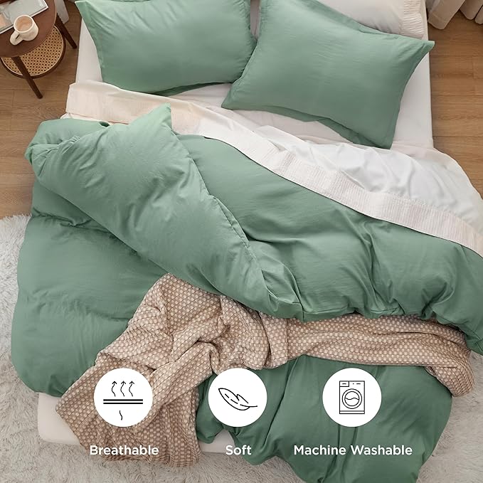 Bedsure Sage Green Duvet Cover Queen Size - 3 Pieces Prewashed Cotton-Like Extra Soft Bedding Set, Includes 1 Duvet Cover 90x90 Inches with Zipper Closure & 2 Pillow Shams, Comforter Not Included