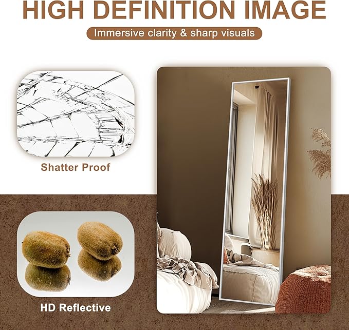 Delma Full Length Mirror,Large Floor Mirror with Aluminum Frame for Bedroom, Bathroom, Living Room,Wall Mount or Freestanding Design(with Stand,Rect 56x15-Silve)