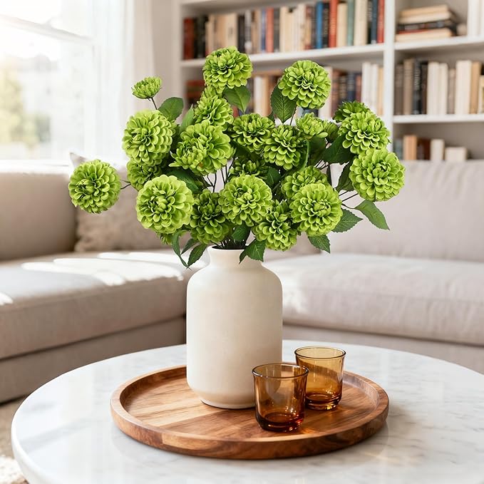 12Pcs Fake Artificial Pompon Mums Flowers Indoor with Long Stems Ball Chrysanthemum Faux Silk Flowers for Vase Floral Arrangement for Spring Home Decor Centerpieces for Table Kitchen Decoration