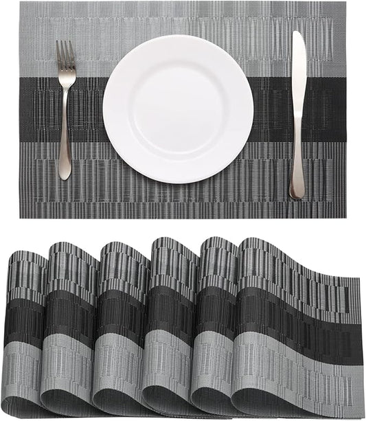 HeloHo Black Placemats Set of 6 Washable Place Mats Vinyl Woven Table Mats Wipeable Placemat for Kitchen Dining Table Decoration Indoor Outdoor