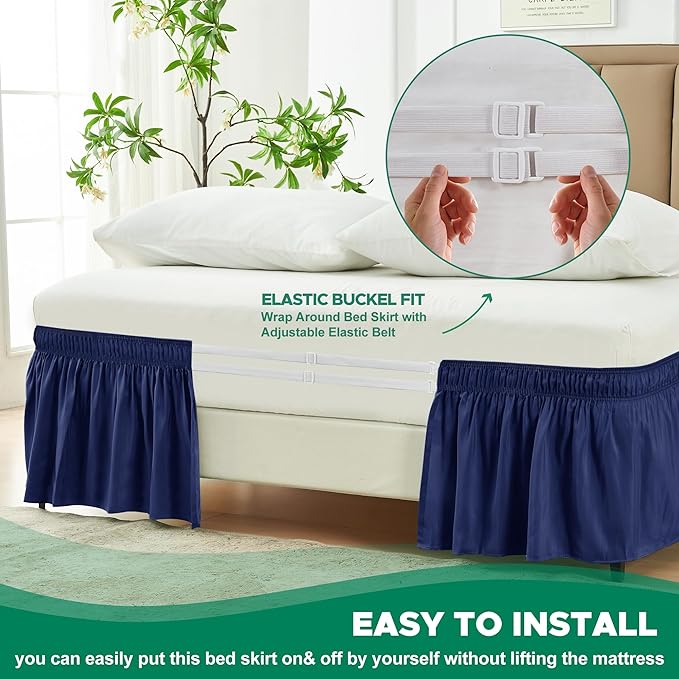 Biscaynebay Wrap Around Bed Skirts for Full & Full XL Beds 17" Long Drop, Navy Adjustable Elastic Dust Ruffles Easy Fit Wrinkle & Fade Resistant Silky Luxurious Fabric Solid Machine Washable