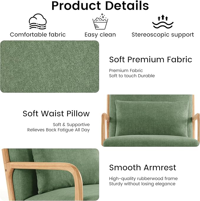 Aunekiv Accent Chair with Pillow Upholstered Mid-Century Chair Living Room Chair for Small Space Solid Wood Frame Reading Chair with Soft and Thick Cushion Armchair for Bedroom Balcony DarkGreen 1PC