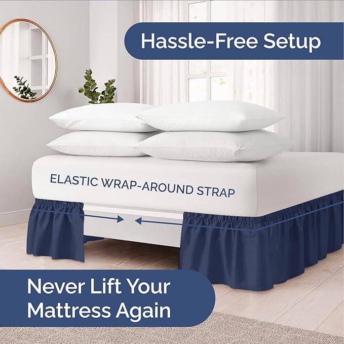 Wrap Around Dust Ruffle Bed Skirt - Navy Blue - for Full Size Beds with 21 Inch Drop - Elastic Strap - Adjustable Pleated Bedskirt with Brushed Fabric and Wrinkle Free - for Women, Men, Kids & Teens