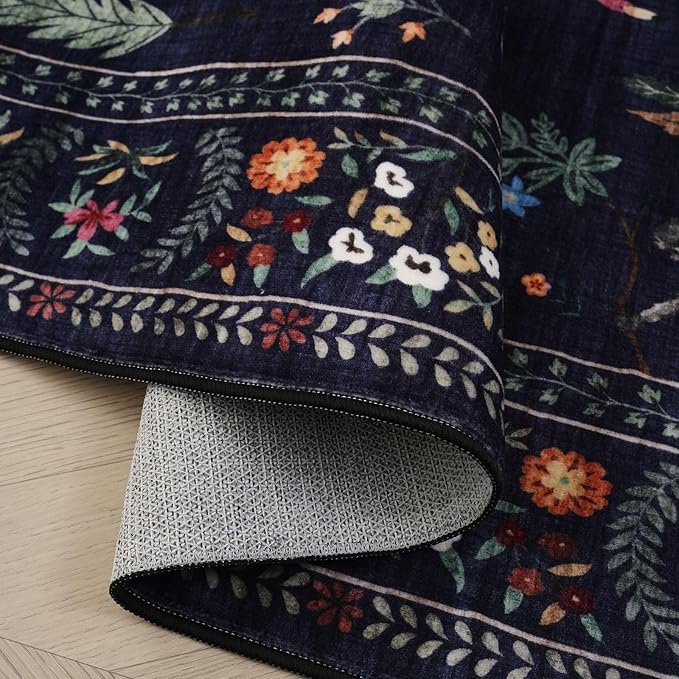 Rugcomf Living Room Rug 5x7 Rug Machine Washable Boho Area Rug Non Slip Floral Animal Vintage Low Pile Large Rugs for Living Room, Bedroom, Farmhouse, Dining Room, Kids Playroom (Blue)
