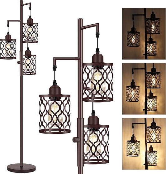 68" Farmhouse Floor lamp, Dimmable Industrial Floor Lamps for Living Room, 3 Light Rustic Standing Tall Lamp Including 3 PCS 6W E26 Bulbs, Tree Floor Lamp for Bedrooms Room, Office, Bar, Brown
