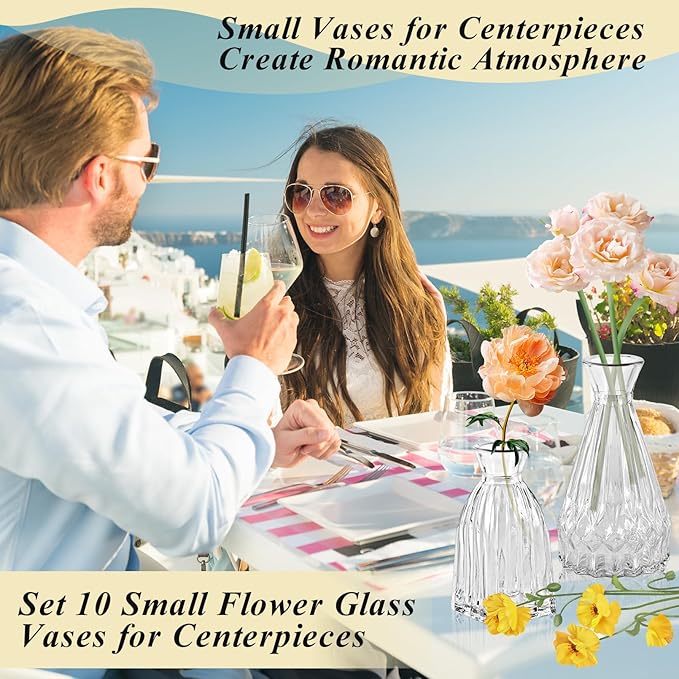 Bud Vases,IJRPLM Set of 10 Glass Bud Vases in Bulk,Small Vases for Centerpieces,Clear Vases Bulk Mini Vases for Flowers,Vintage Bud Vases for Home Table Flower Décor Rustic Wedding Decorations
