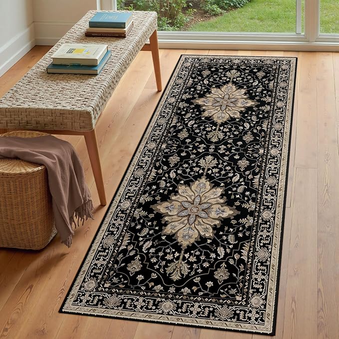 RELEANY Area Rugs 3'x6' Washable Non-Slip, Floral Vintage Distress Print Pattern Medallion Carpet for Living Room Bedroom Dining Room, Black Brown Neutral Dark Tan