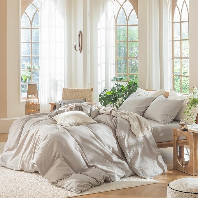 MooMee Bedding Duvet Cover Set 100% Washed Cotton Linen Like Textured Breathable Durable Soft Comfy (Heathered Cream Grey, King 104"x90")