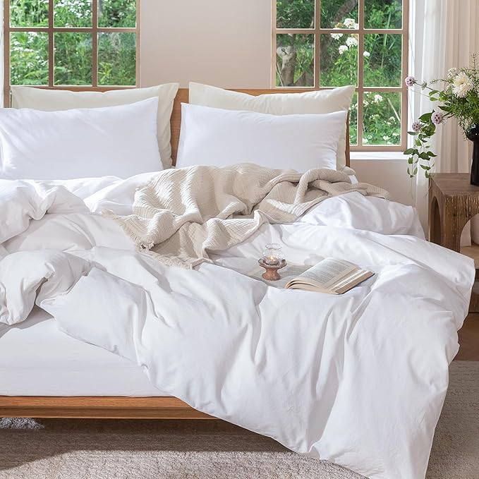 MooMee Bedding Duvet Cover Set 100% Washed Cotton Linen Like Textured Breathable Durable Soft Comfy (Solid Bright White, Palatial King/Oversized King 120"x98")