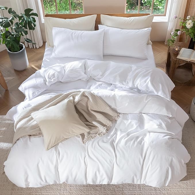 MooMee Bedding Duvet Cover Set 100% Washed Cotton Linen Like Textured Breathable Durable Soft Comfy (Solid Bright White, Palatial King/Oversized King 120"x98")