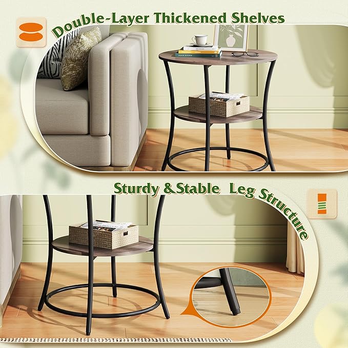 WLIVE Side Table, Round End Table with 2 Storage Shelves for Living Room, Bedroom, Nightstand with Steel Frame for Small Spaces, Accent Coffee Table, Greige