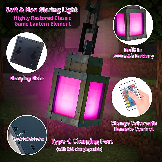 2PCS Pixel Lantern Night Light - 16 Colors Changing Hanging Lamp - USB Rechargeable LED Light with Touch & Remote Control - Wall Mount Mood Nightlight - Decor for Bedroom Gamer Room - Gift for Boy