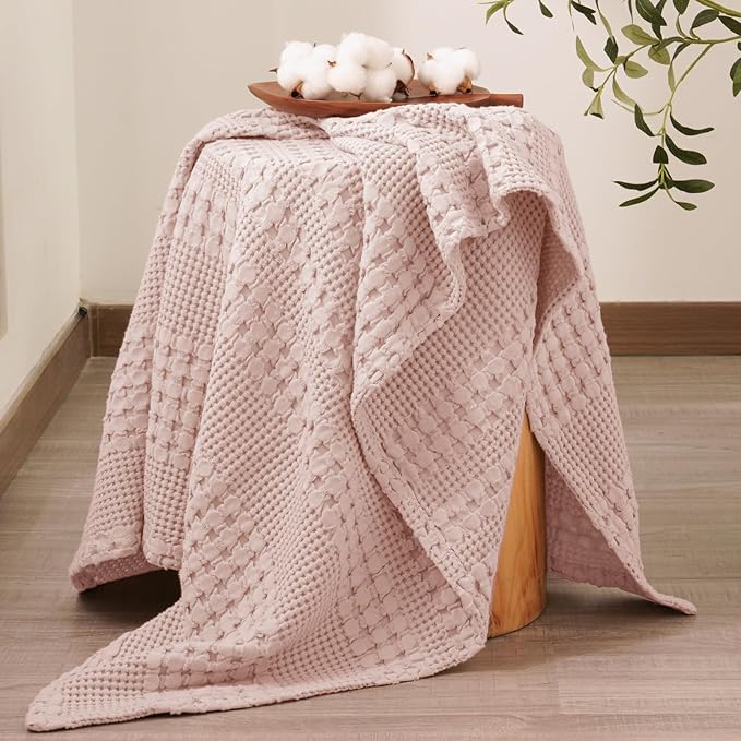 PHF 100% Cotton Waffle Weave Throw Blanket, Soft Lightweight Breathable Cozy Throws for Couch Bed Sofa, 300 GSM Luxury Aesthetic Blanket Gift for Home Decor & Office, 50"x60", Pink/Mauve