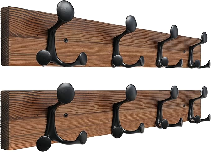 SKOLOO 24-Inch Wood Coat Rack Wall Mount with 4 Triple Hooks - Ideal for Family Entrances, Classrooms, and Pet Supplies Storage - Perfect Coat Hooks for Wall,Charred Golden Brown, Pack of 2