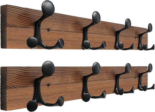 SKOLOO 24-Inch Wood Coat Rack Wall Mount with 4 Triple Hooks - Ideal for Family Entrances, Classrooms, and Pet Supplies Storage - Perfect Coat Hooks for Wall,Charred Golden Brown, Pack of 2