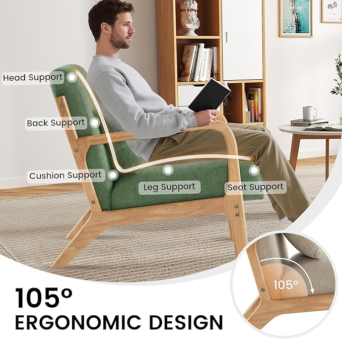 Aunekiv Accent Chair with Pillow Upholstered Mid-Century Chair Living Room Chair for Small Space Solid Wood Frame Reading Chair with Soft and Thick Cushion Armchair for Bedroom Balcony DarkGreen 1PC
