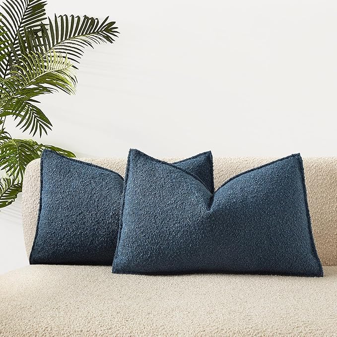 JUSPURBET Blue Decorative Pillow Covers 16x24 Set of 2 Throw Pillow Covers for Couch Sofa Bed Cozy Boucle Textured Lumbar Cushion Covers Cases with Hidden Zipper for Living Room Home Decor