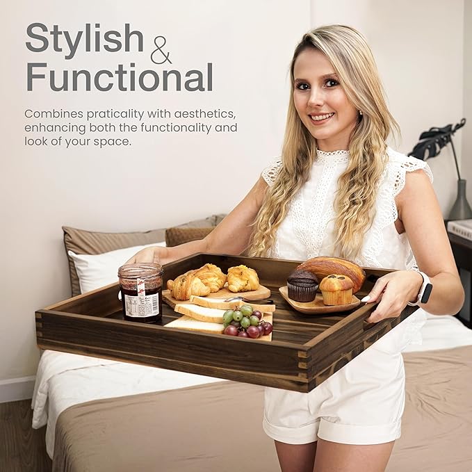 20 Inch Acacia Wood Square Ottoman Tray - Wooden Square Serving Tray with Handles - Extra Large Food Serving Trays for Decorative, Coffee Table, Breakfast in Beds (Walnut Color)