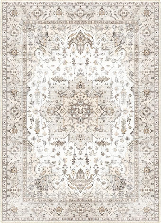 Fortsea Area Rug 5x7, Machine Washable Rugs for Bedroom, Large Non Slip Persian Rug for Bedroom Living Room Kitchen Entryway Bathroom Office Carpet Brown…
