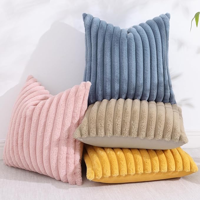 decorUhome Faux Fur Spring Throw Pillow Covers 24x24 Set of 2, Decorative Soft Plush Striped Neutral Couch Euro Sham Pillow Covers with Velvet Back for Sofa, Bed, Living Room Home, Grey Blue