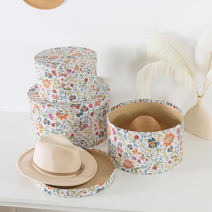 Soul & Lane Botanica Bliss Round Hat Boxes with Lids - Set of 3 Nesting Cardboard Hat Storage, Boho Floral Print Cases, Circle Stacking Decorative Keepsake Boxes