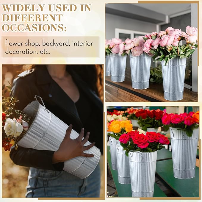 Layhit 6 Pcs 12 Inch Galvanized Flower Buckets Metal Flower Vases with Handle Farmhouse French Bucket Planter Floral Container for Flowers Wedding Bridal Shower Home Table Decor(Retro Steel Color)
