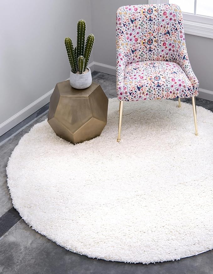 Unique Loom Solid Shag Collection Area Rug (5' 3" Round, Snow White)
