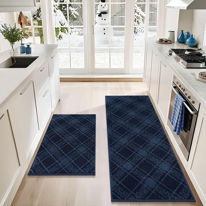 COSY HOMEER Kitchen Rugs and Mats Sets 2PCS Non-Slip Soft Kitchen Mats for Floor Absorbent and Stain Resistant Kitchen Floor Mat Washable Plaid Rugs for Kitchen,24"x36"+24"x60",Navy Blue