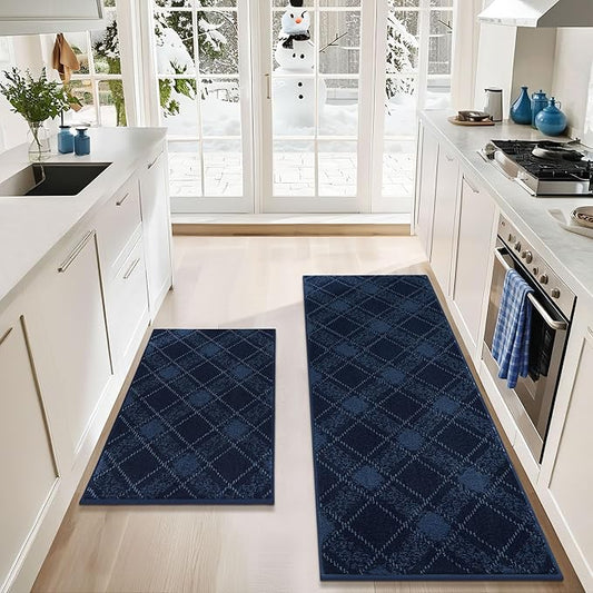 COSY HOMEER Kitchen Rugs and Mats Sets 2PCS Non-Slip Soft Kitchen Mats for Floor Absorbent and Stain Resistant Kitchen Floor Mat Washable Plaid Rugs for Kitchen,24"x36"+24"x60",Navy Blue